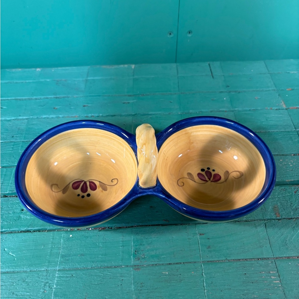 Home and Garden Blue and Tan Ceramic Double Bowl